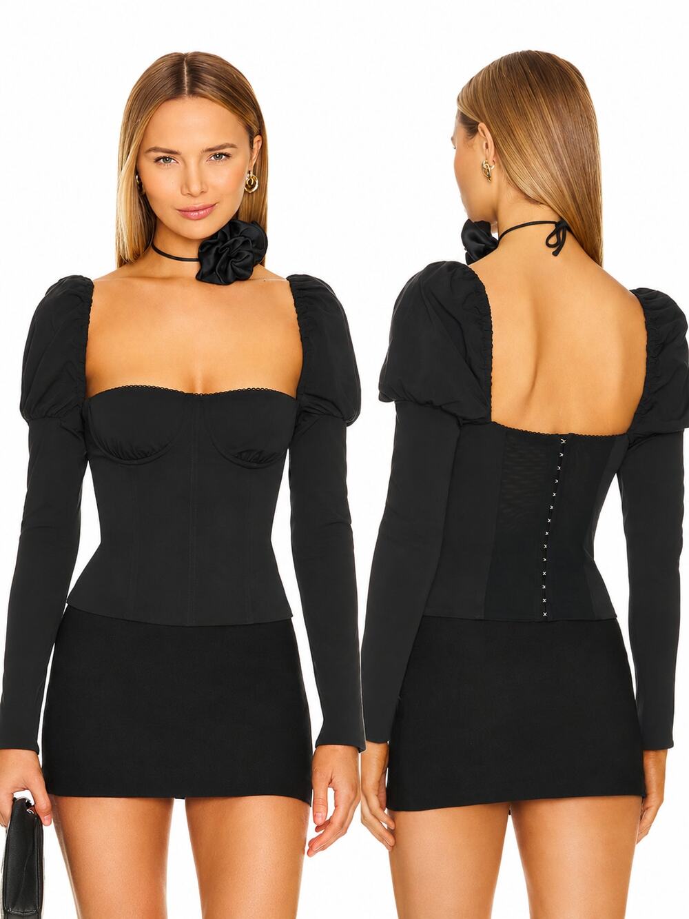 WEWOREWHAT Long Sleeve Corset Top Sweetheart Bustier Puff Sleeve Blouse Black